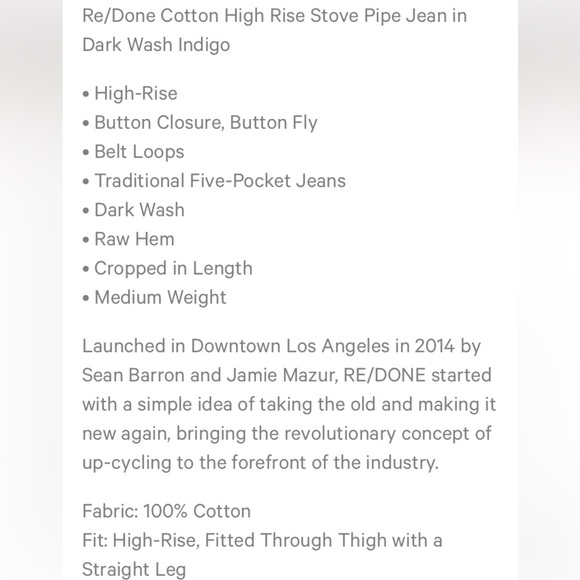 Re/Done+Levi’s 70s Stovepipe HiRise Button fly Straight Leg style001-3WLSSSIZE - Picture 15 of 16